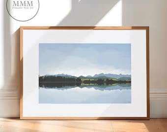 Impresión minimalista de reflexión de montaña - Arte del lago del cielo verde azul - Descarga digital Decoración del hogar Arte de la pared Pintura imprimible Serenity Spa Art