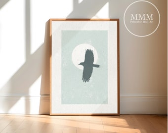 May include: A framed print of a minimalist illustration of a bird flying in front of a white circle on a light blue background.