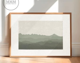 Impresión artística digital de paisaje de montaña y cielo verde, decoración minimalista de montaña imprimible, decoración del hogar verde salvia, arte mural, pintura de cielo de montaña