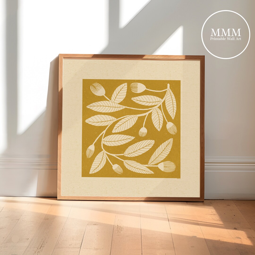 Leafy Mustard Yellow Cream Digital Art Print Linocut Botanical Floral ...