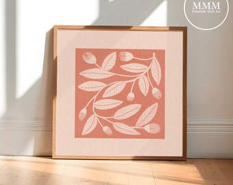 Coral Pink Leaf Linocut Digital Art Print cream vine flower floral minimal painting modern artprint decor-artprintable art-print-Arte leaf