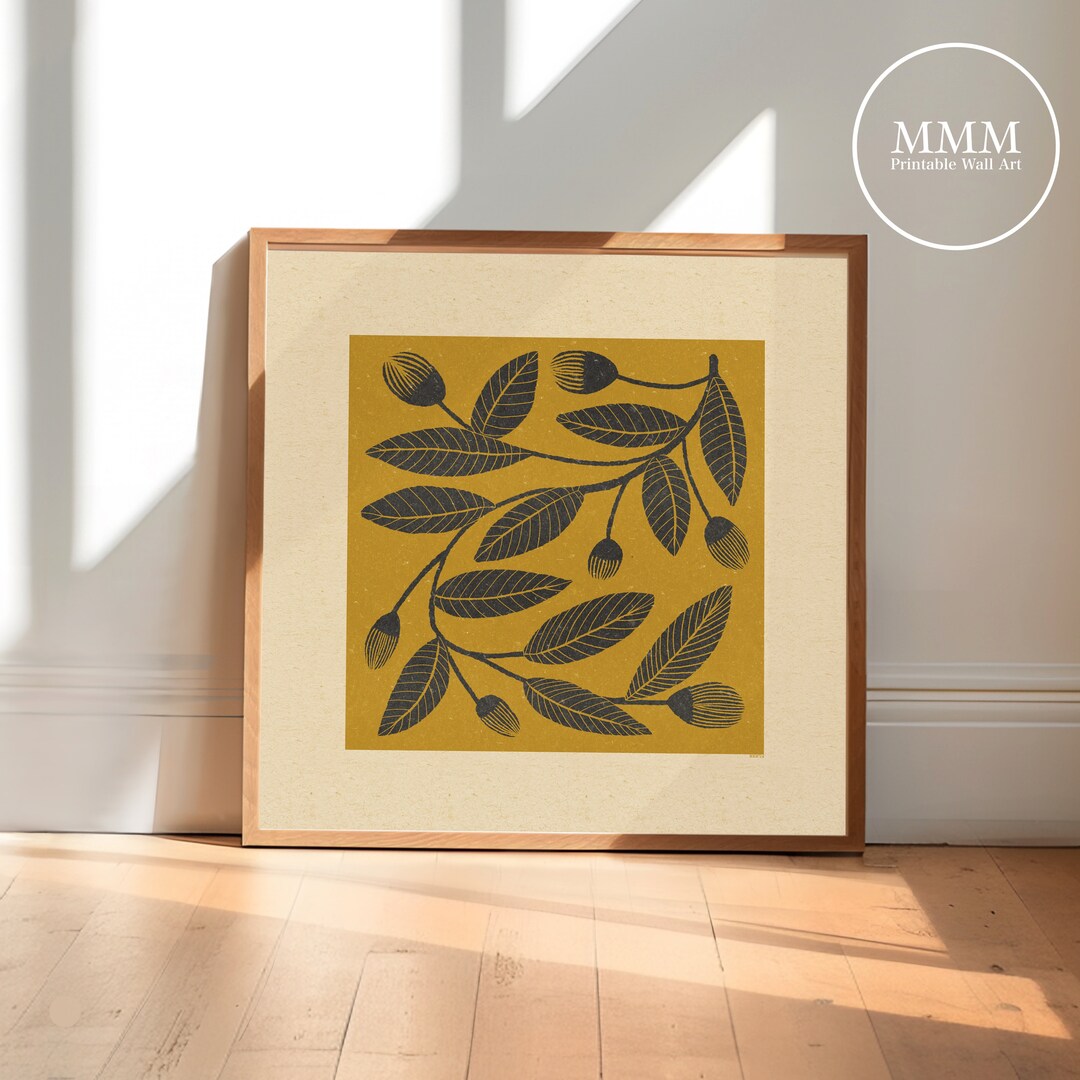 Leafy Mustard Yellow Black Digital Art Print Linocut Botanical Floral ...