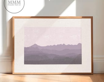 Mountain Sky Purple Landscape Digital Art Print decoración minimalista imprimible de montaña, homedecore-wallart púrpura, pintura del cielo de montaña, arte