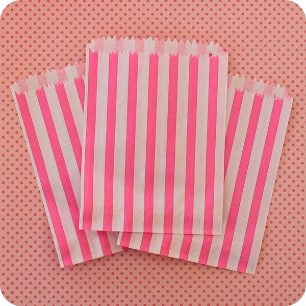 75 Hot Pink and White Striped Paper Candy Bags 5 x 7