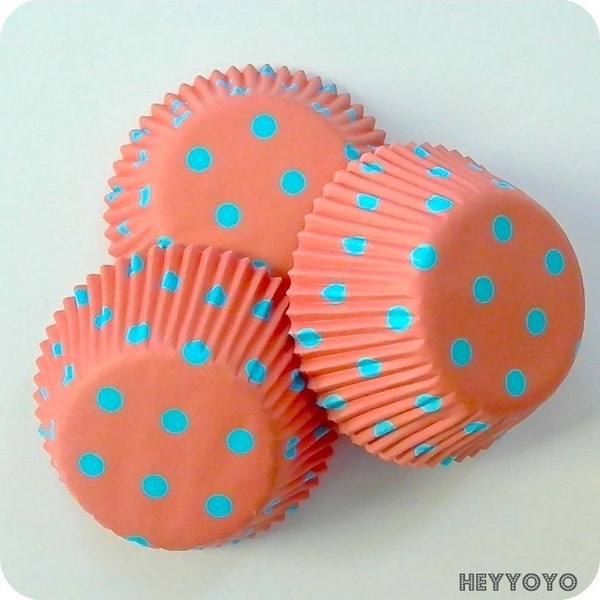 50 Peach and Blue Polka Dot Cupcake Liners