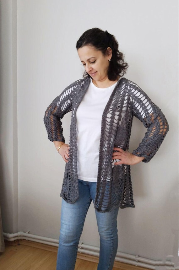 Handmade Grey Pineapple Motif Crochet Cardigan Long Length