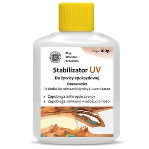 Könnte beinhalten: Eine weiße Flasche mit gelbem Deckel, beschriftet mit "Stabilisator UV" für Epoxidharz. Die Flasche enthält 100 Gramm UV-Stabilisator für Epoxidharz. Das Etikett gibt auch an, dass es Vergilbung und den Verlust der Wasserbeständigkeit verhindert.