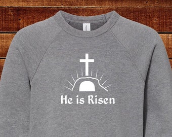 He is Risen Easter Sweatshirt Fleece Warm Men Women Kid Child Teen Adult Toddler Boy Girl Dad Mom Fleece Blue Long Sleeve Gift Friendly