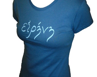 PEACE in Greek Organic Cotton and Organic Bamboo Women's Shirt in Blue - Tshirt Size S, M, L, XL - Womens Christian Shirt