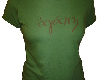 LOVE in Greek Organic Cotton and Organic Bamboo Women's Shirt in Green - Tshirt Size S, M, L, XL - Womens Christian Shirt