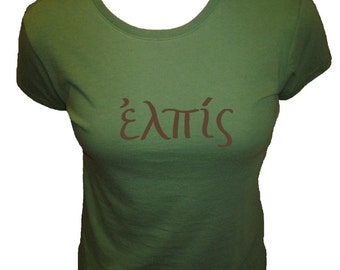 HOPE in Greek Organic Cotton and Organic Bamboo Women's Shirt in Green - Tshirt Size S, M, L, XL - Christian Womens Shirt