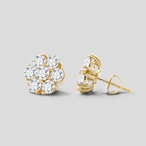 14k Gold Flower Cluster Diamond Stud Earrings (Screw Back)