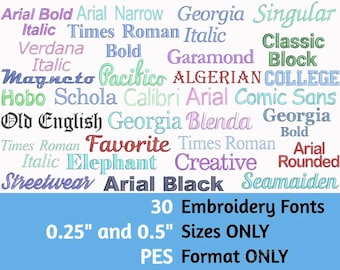 Könnte beinhalten: Ein blauer Hintergrund mit einem weißen Textüberlagerung, der 30 Stickfonts in verschiedenen Stilen auflistet. Der Text enthält auch die Größen 0,25" und 0,5" sowie das Format PES.
