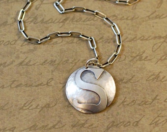 7/8" sterling silver initial S charm, necklace, pendant, sawed, soldered, oxidized, rustic, letter, simple, bytwilight