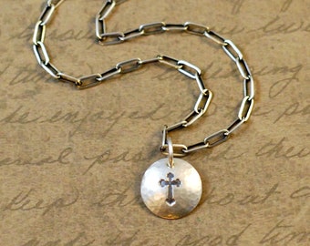 1/2 "Sterling Zilver Gehamerde Handstamped Disk Ronde Charme met een kruis, geloof, Jezus, doop, liefde, bytwilight