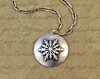 1" sterling silver snowflake charm, pendant, long box cable chain, rustic, winter, snow, holiday, Christmas, oxidized, bytwilight, simple