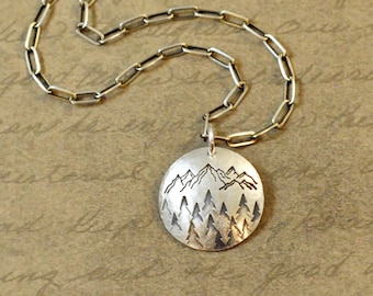 Sterling silver, 3/4", disk, mountains, trees, nature, outdoors, rustic, pendant, charm, outdoors, oxidized, circle, simple, bytwilight