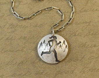 7/8" sterling silver runner girl, charm, necklace, pendant, sawed, soldered, oxidized, rustic, athlete, marathon, triathlon, running shoe