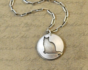 7/8" sterling silver cat charm, disk, pendant, pet, kitty, animal, feline, Bytwilight, rustic, simple, round