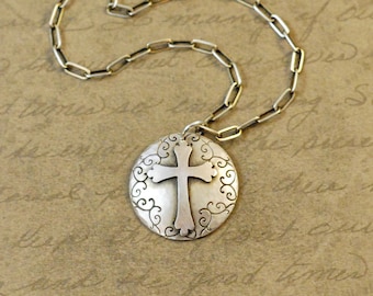 Sterling silver cross, 7/8", charm, pendant, oxidized, love, God, faith, baptism, handsawed, hammered, necklace, bytwilight