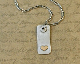 Sterling silver bar, 1/2 x 1-3/16", large jumpring, gold heart, unisex, dog tag, rustic, oxidized, handstamped, love