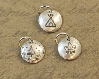 3/8" Inch sterling silver disk, disc, round, charm, small, dainty, trees, snow, stars, fleur de lis, teepee, love my tribe, bytwilight