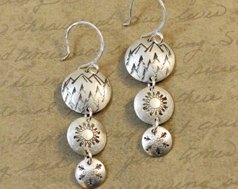 Triple Sterling Silver Graduated Disk Earrings, 1-5/8" long, hammered, 5/8", 1/2", 3/8" disks, mountains, sunshine, snowflake, bytwilight