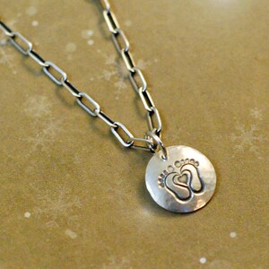 1/2 sterling silver hammered hand stamped oxidized disk charm with baby footprints with a heart, mom, grandmother image 3