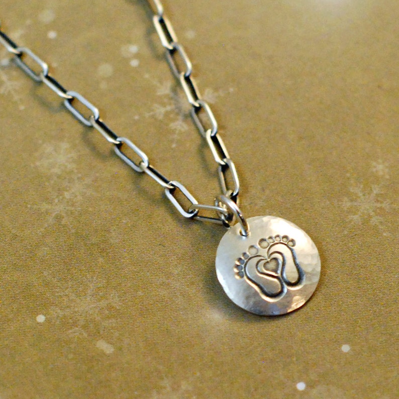 1/2 sterling silver hammered hand stamped oxidized disk charm with baby footprints with a heart, mom, grandmother image 3