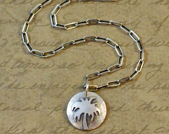 5/8" sterling silver palm tree charm, pendant, add on, long box cable chain, simple, beach, tropical, vacation, small, bytwilight