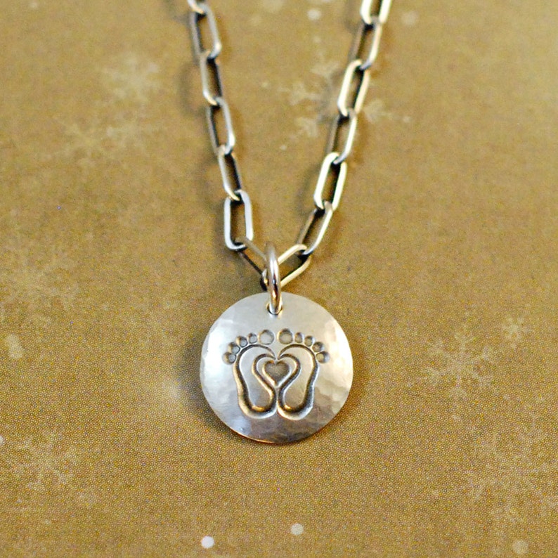 1/2 sterling silver hammered hand stamped oxidized disk charm with baby footprints with a heart, mom, grandmother image 1