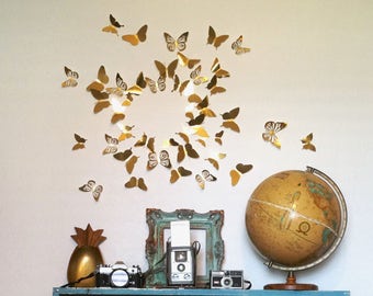 3D Butterfly Wall Art Decal Set of 40 in Metallic Gold Foil, Paper Butterflies, Modern Art, Nursery, Bedroom, Living Space,