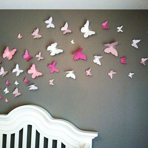 3D Butterfly Wall Art Home Decor, Girls Room, Pink and White Paper Set of 40 image 1