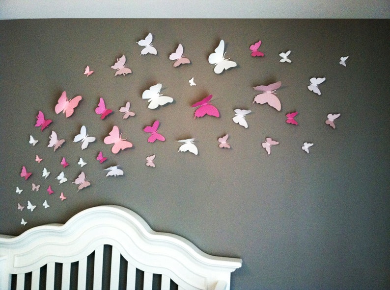 3D Butterfly Wall Art Home Decor, Girls Room, Pink and White Paper Set of 40 image 1