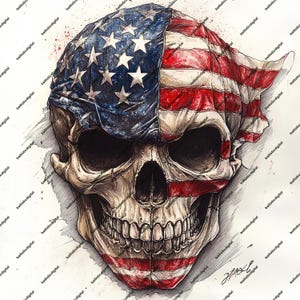 May include: A black and white skull with an American flag draped over the top of its head. The flag is red, white, and blue and is drawn in a realistic style.