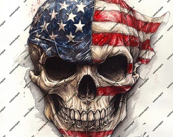 Teschio bandiera americana design Dtf Png 300 Dpi mezzitoni trasparente