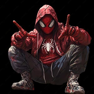 May include: A red hooded sweatshirt with a spider logo on the front. The hood is pulled up and the person is wearing a red and black spider mask. The person is sitting with their legs crossed and their hands in a peace sign.