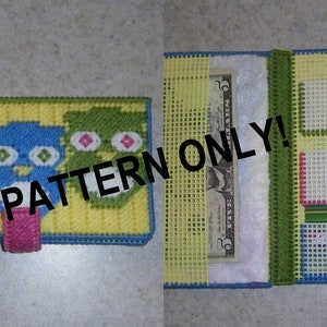 May include: A colorful owl-themed wallet with a yellow background and a green, blue, and pink owl design. The wallet has a flap that opens to reveal a cash pocket and card slots. The text "PATTERN ONLY!" is printed on the image.