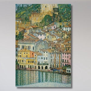 Gustav Klimt Ready To Hang Canvas Wall Art, Frame Large Wall Art,Houses at Unterach on the Attersee, Vintage Art, Green Art,Gift Wall Decor