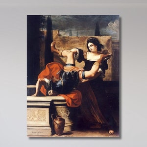 May include: A painting depicting a woman helping a man who is lying on the ground. The woman is wearing a long, dark dress and the man is wearing a red and blue robe. The painting is set in a courtyard with a stone wall and a fountain in the background.