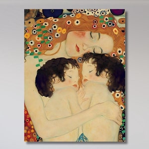 母と双子のキャンバス壁アート、母と子のポスター、グスタフ・クリムトのキャンバスプリント、クリムトの母の装飾、すぐに掛けられる双子の壁アート