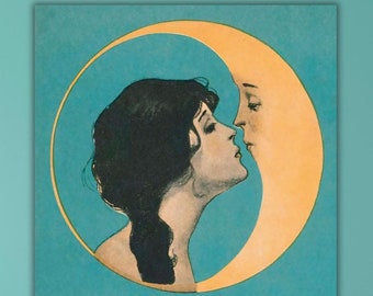 Vintage Woman Kissing Moon Canvas Wall Art, Ready to Hang