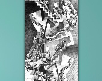Vintage Escher Ready to Hang Canvas Wall Art, M.C. Escher House Of Stairs Poster,MC Escher Stairs Optical Illusion Print Art,Modern Wall Art
