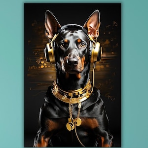 Comic Dj Doberman Headphones Canvas Wall Art,Doberman Portrait Poster,Black and White Print,Luxury Fashion Wall Art Decor,Man Cave Wall Art