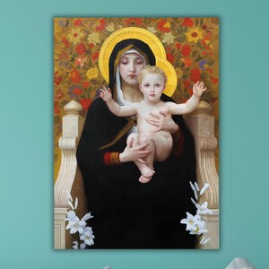 Lienzo decorativo para pared de Madonna con lirios y niño, decoración de pared sagrada vintage religiosa de inspiración renacentista, póster espiritual de madre y niño