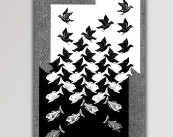 Escher Sky and Water Canvas Print, Birds and Fishes Wall Art