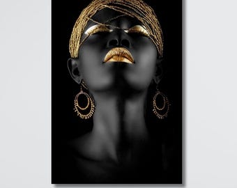 Shimmery African Woman Canvas Print, Gold Black Art, Ethnic Wall Decor