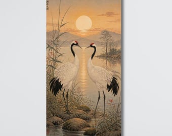 Japanese Crane Art Canvas, Two Cranes Sunset Landscape, Asian Wall Decor