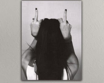 Middle Finger Woman Canvas Print, Black and White Feminist Art