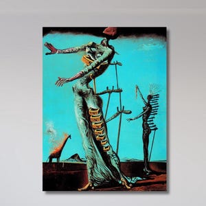 May include: A framed surrealist painting featuring a figure with outstretched arms, a giraffe, and a skeletal figure against a turquoise background. The artwork is displayed above a white sofa in a modern living room setting.